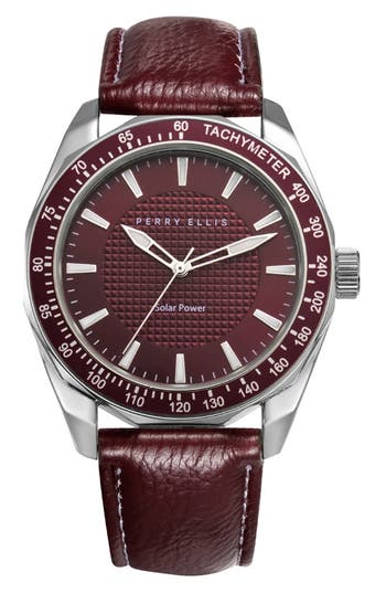 Perry Ellis Solar Powered 3-hand Quartz Strap Watch, 41mm In Silver-maroon