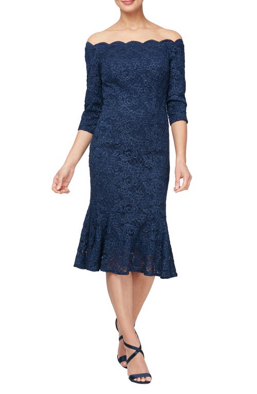 Alex Evenings Metallic Lace Off the Shoulder Midi Dress Navy at Nordstrom,