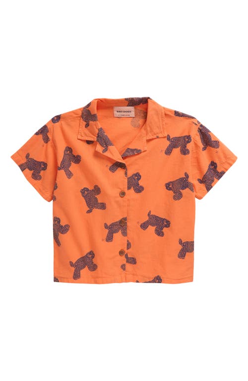 Bobo Choses Kids' Big Cat Print Short Sleeve Cotton Button-Up Shirt in Orange 