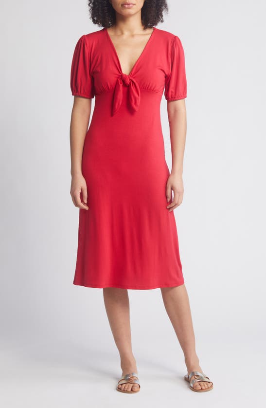Shop Loveappella Short Sleeve Tie Front Midi Dress In Red