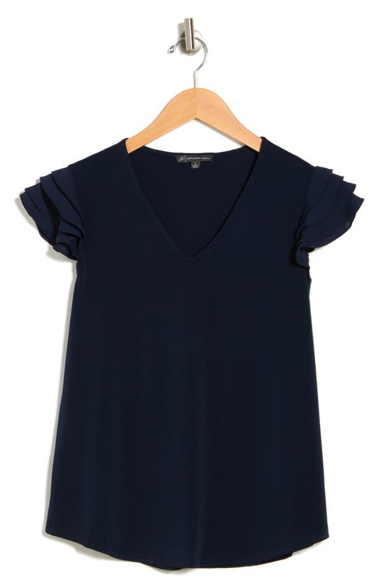 Adrianna Papell V-neck Tiered Ruffle Sleeve Crepe Knit Top In Navy