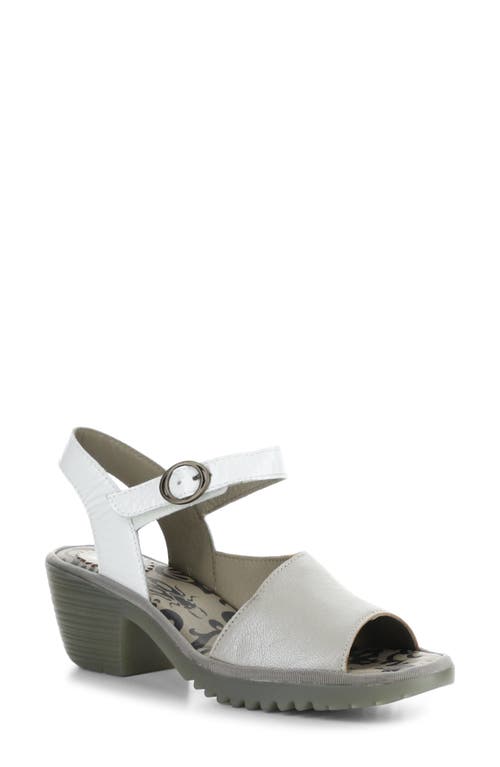 Fly London Wely Block Heel Asymmetric Sandal in Silver/off White