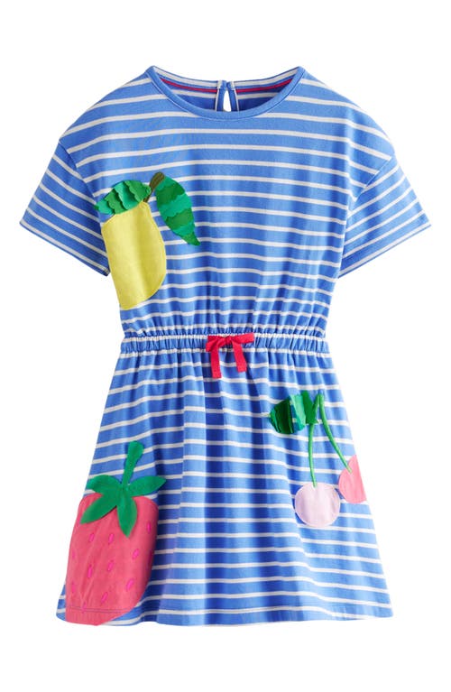Mini Boden Kids' Stripe Appliqué Drawstring Waist Cotton Dress In Surf Blue/ivory Fruit