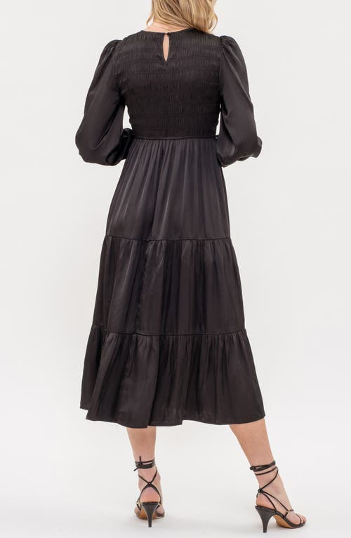 August Sky Satin Smocked Long Sleeve Dress In Black