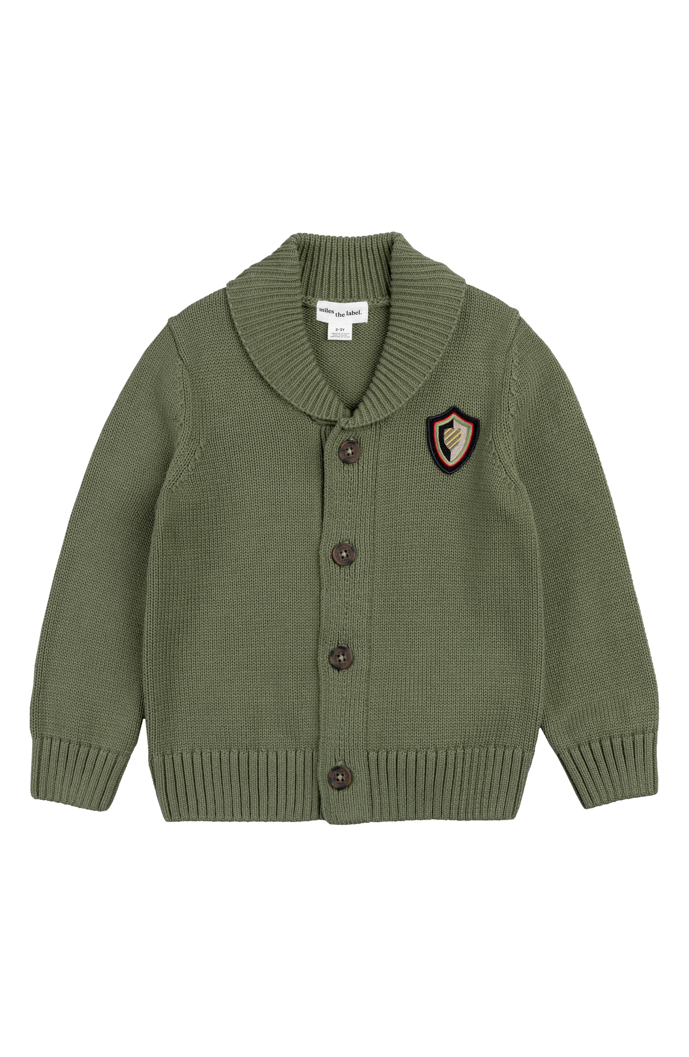 MILES BABY Kids' Shield Patch Cotton Shawl Cardigan in Green Dusty 