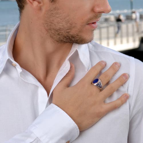 Luvmyjewelry Lapis Lazuli Stone Signet Ring In Sterling Silver With Enamel In Blue