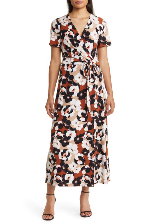 Anne Klein Floral Faux Wrap Midi Dress in Chestnut Multi