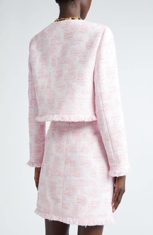 Shop Oscar De La Renta Fringe Trim Tweed Crop Jacket In White/pink