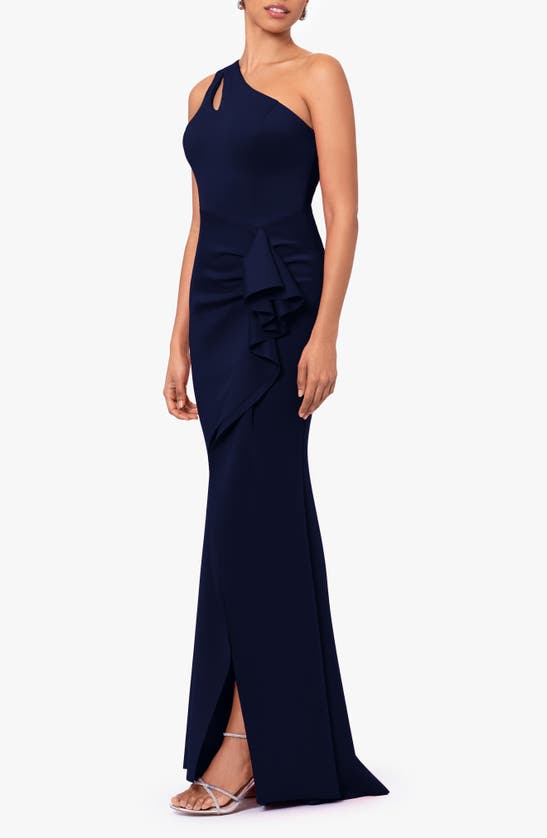 Xscape Evenings Asymmetric Trumpet Gown In Midnight