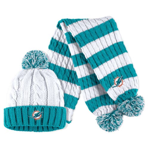 Women's WEAR by Erin Andrews Aqua/White Miami Dolphins Cable Stripe Cuffed Knit Hat with Pom and Scarf Set