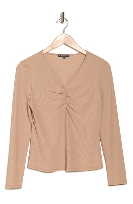 Adrianna Papell Ruched Long Sleeve Slinky Rib Top In Oat Latte