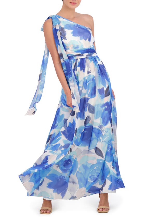 Eliza J Floral One-shoulder Gown In Blue