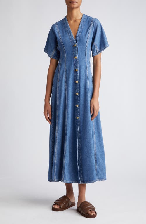 Future Button Front Organic Cotton Blend Denim Maxi Dress in Mid Blue Stone