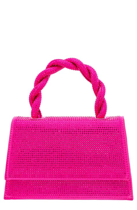 Hot Pink Rhinestone Bow Decor Straw Bag