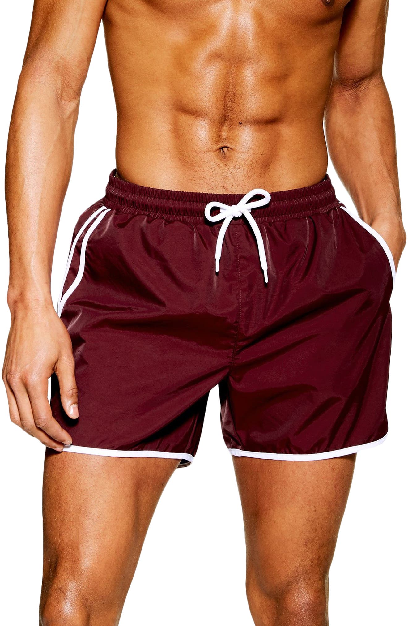 Topman Runner Swim Trunks, Burgundy