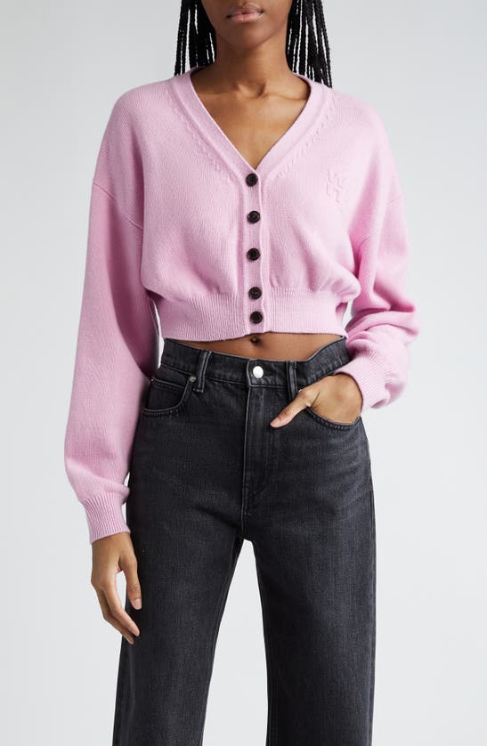 Shop Alexander Wang Embossed Logo Crop Cotton & Wool Cardigan In Light Pink
