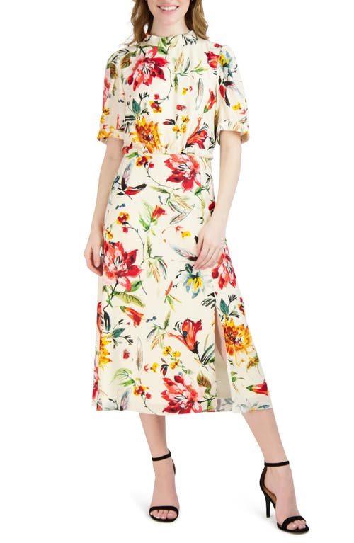 Julia Jordan Floral Puff Sleeve Midi Dress in Ivory Multi