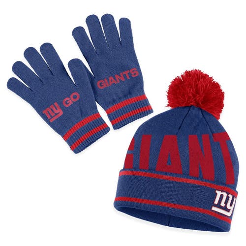 Women's WEAR by Erin Andrews Royal New York Giants Double Jacquard Cuffed Knit Hat with Pom and Gloves Set