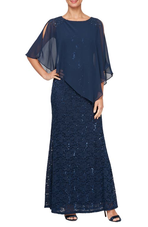 Shop Sl Fashions Beaded Lace & Chiffon Capelet Gown In New Navy