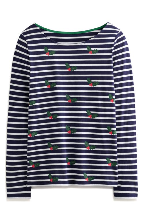 Shop Boden Ella Holiday Stripe Long Sleeve Cotton T-shirt In Navy Holly Stripe