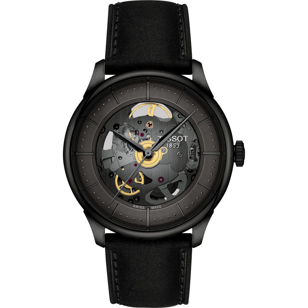 Tissot Men's Swiss Automatic Chemin Des Tourelles Skeleton Black Leather Strap Watch 40mm In Gun