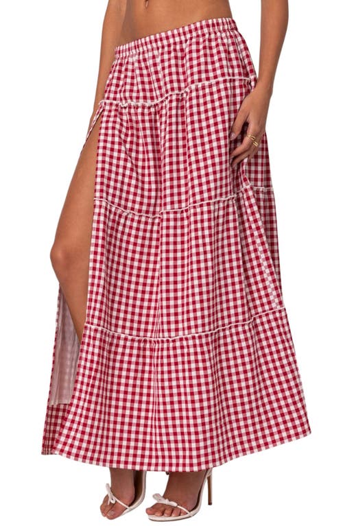 Shop Edikted Gingham Tiered Maxi Skirt In Red