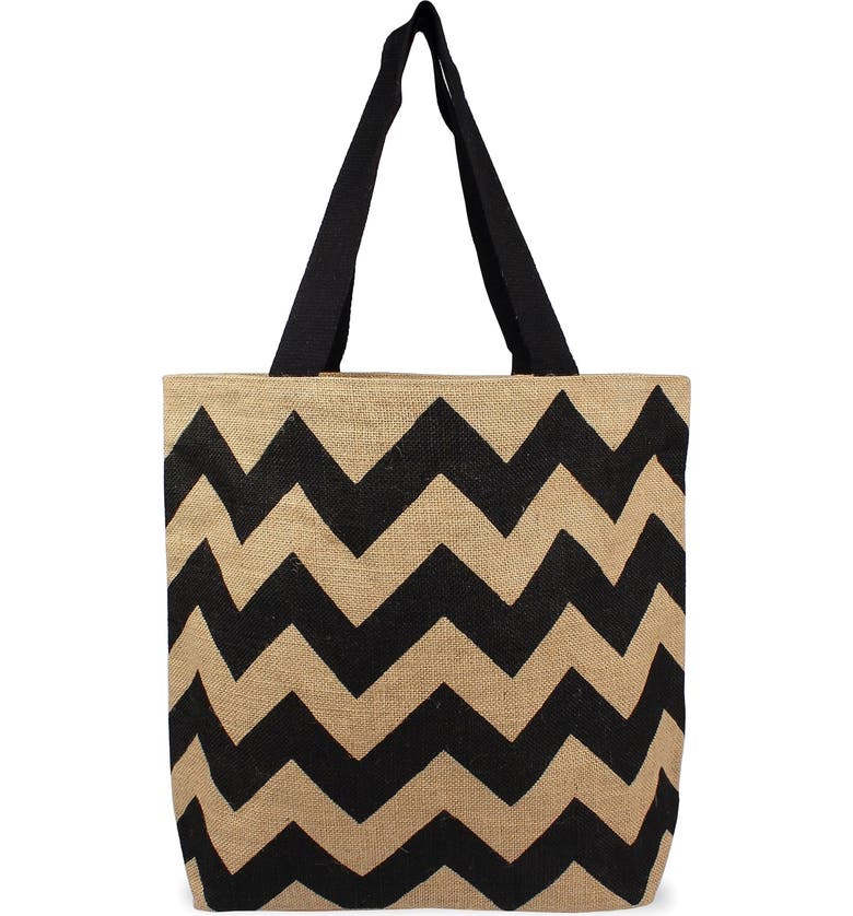 CATHY'S CONCEPTS Monogram Chevron Print Jute Tote, Main, color, 028