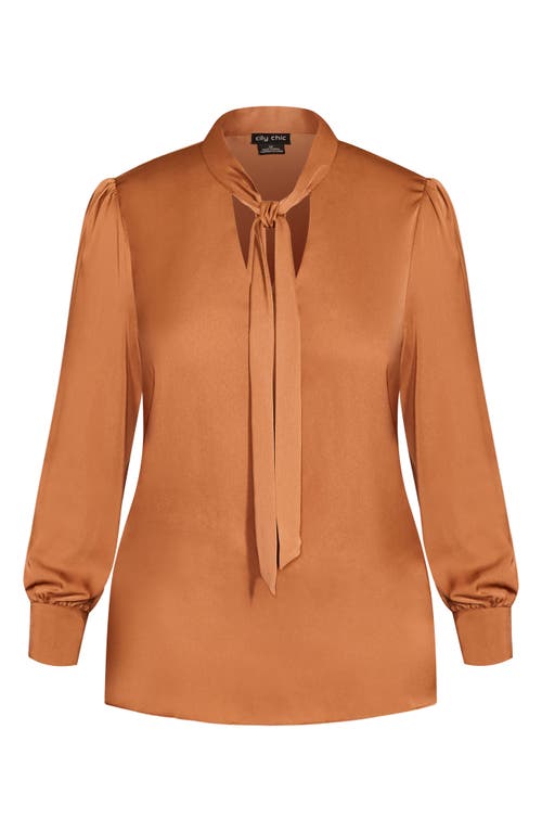 City Chic In Awe Tie Neck Blouse In Toffeednu
