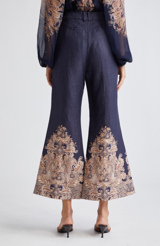Shop Zimmermann Natura Floral Paisley Crop Flare Linen Pants In Navy Paisley