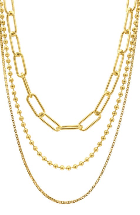 14K Yellow Gold Plated Paperclip, Ball & Box Chain Necklace Set