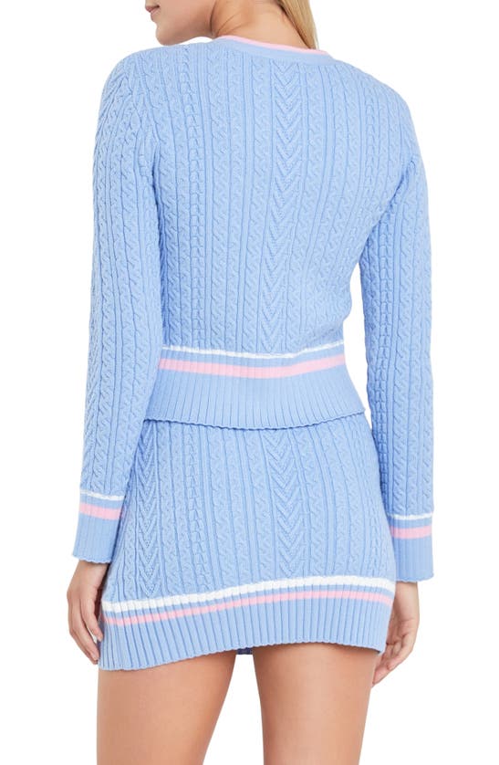 Shop English Factory Stripe Trim Cable Knit Cardigan In Powder Blue