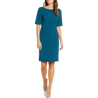 Eliza J Bateau Neck Crepe Sheath Dress, Blue