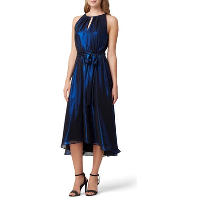 Tahari Metallic Shimmer Sleeveless High/low Midi Dress, Blue