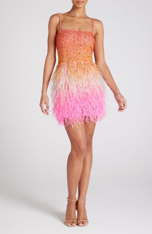 Cassie Ostrich & Turkey Feather Trim Minidress in Bright Orange