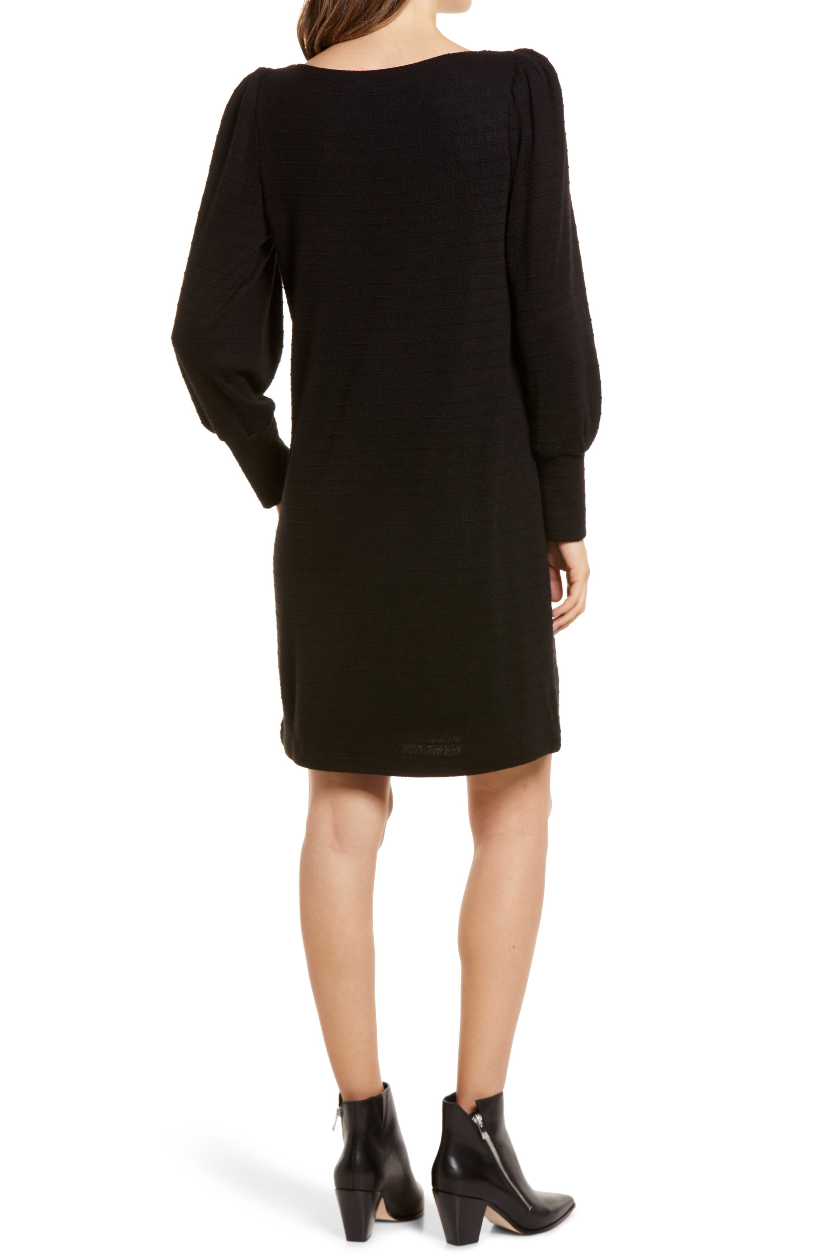 boat neck lantern sleeve sweater dress