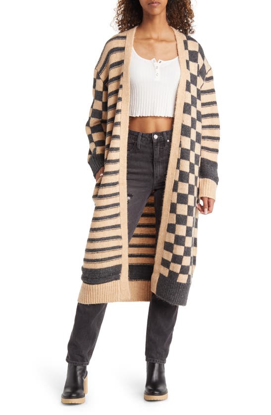 Topshop Checkerboard & Stripe Long Cardigan In Dark Beige