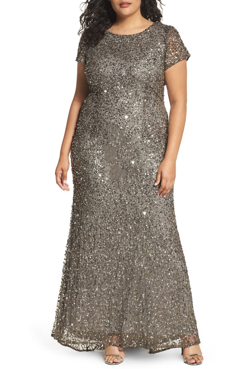ADRIANNA PAPELL Embellished Scoop Back Gown, Main, color, LEAD