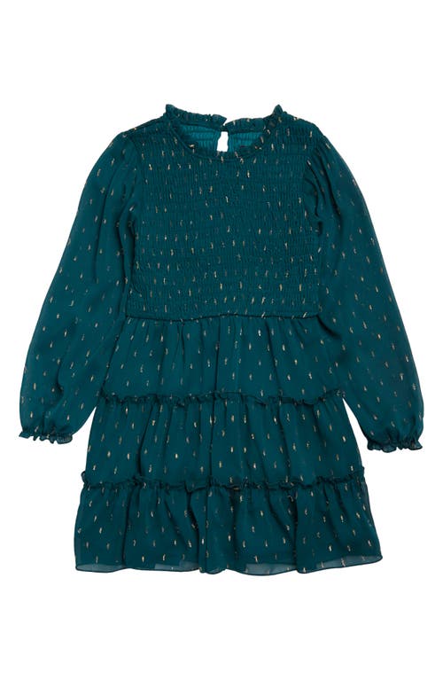 Shop Zunie Kids' Metallic Dot Long Sleeve Tiered Dress In Emerald/gold