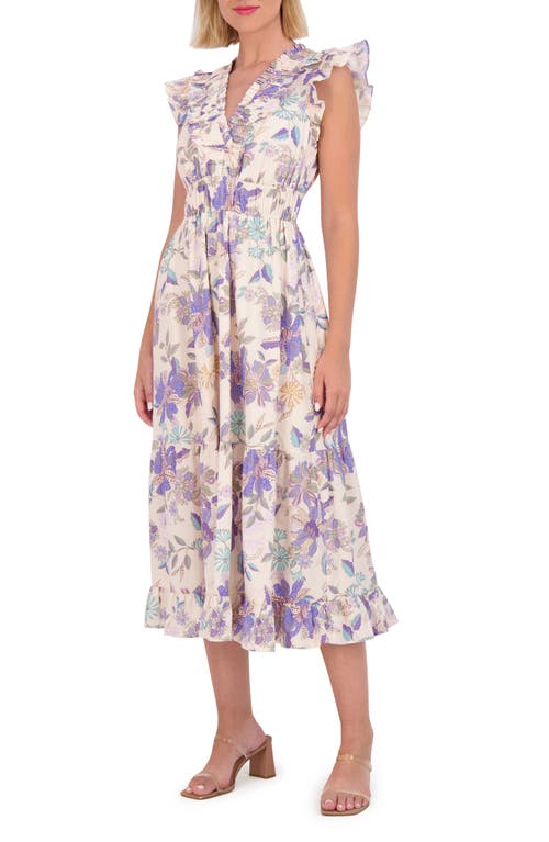 Vince Camuto Floral Ruffle Cotton Midi Dress in Blue at Nordstrom, Size 0