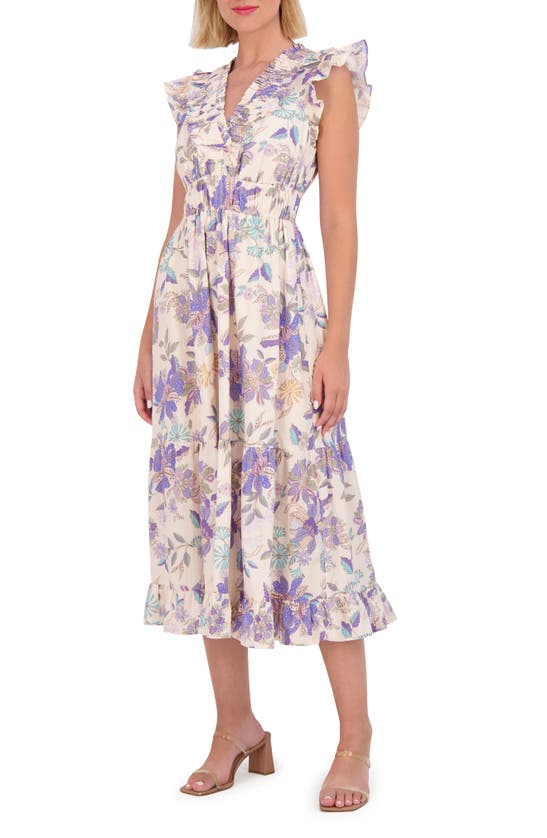 Vince Camuto Floral Ruffle Cotton Midi Dress In Blue