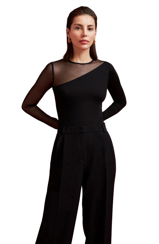 Marcella Milo Long Sleeve Mesh & Jersey Top In Black