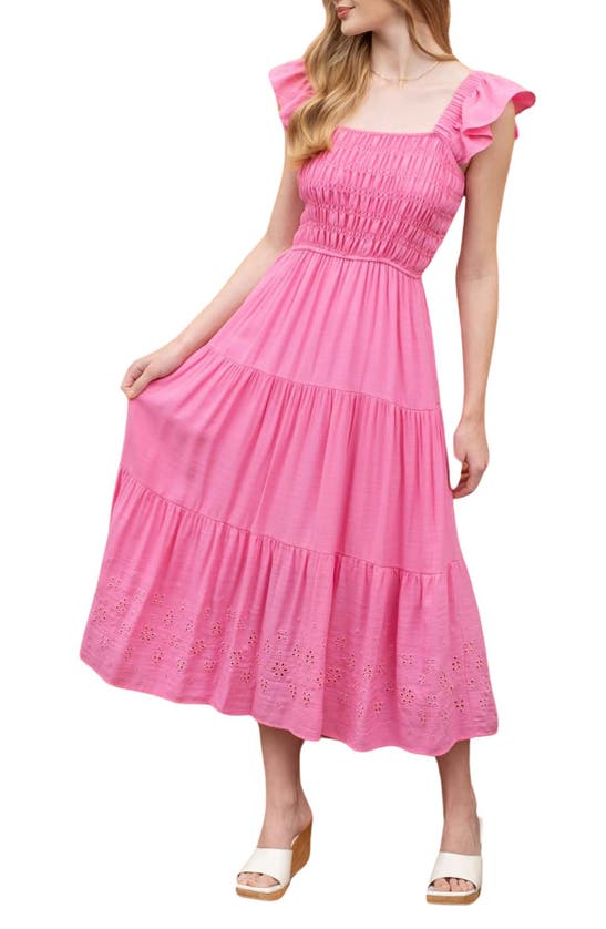 Shop Blu Pepper Eyelet Flutter Sleeve Midi Dress In Pink