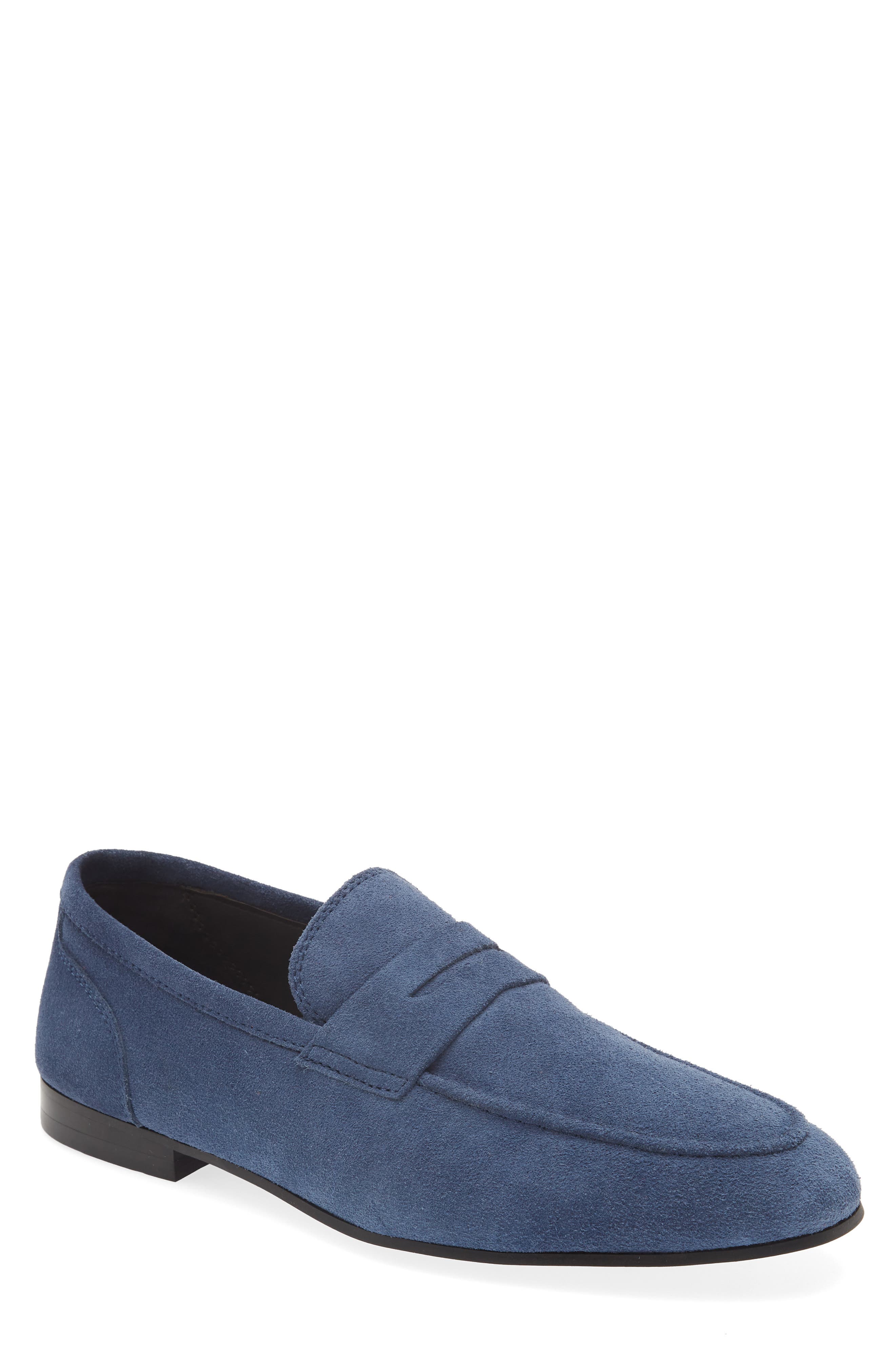 blue suede penny loafers mens