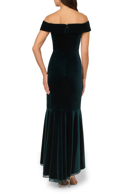 Shop Adrianna Papell Ruffle Off The Shoulder Velvet Gown In Hunter