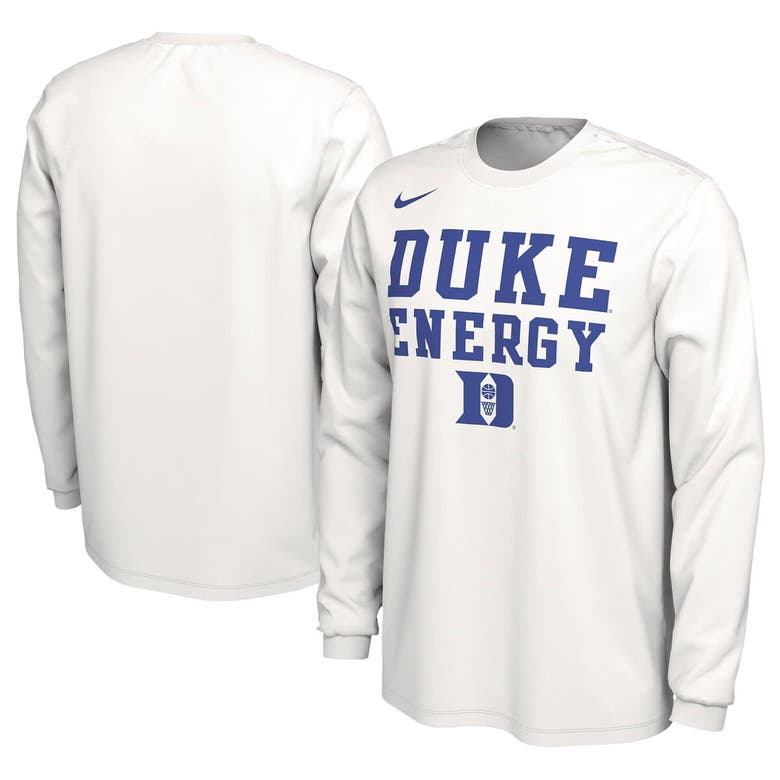 Shop Nike Unisex   White Duke Blue Devils 2024 On-court Bench Energy Long Sleeve T-shirt