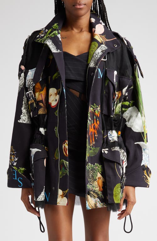 Mixed Print Stretch Cotton Cargo Jacket in Black Print