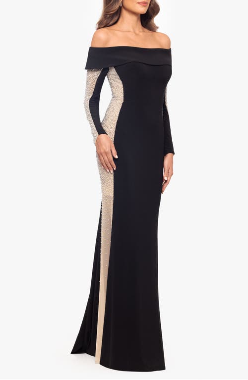 Shop Xscape Evenings Beaded Long Sleeve Off The Shoulder Jersey Gown In Black/beige/silver