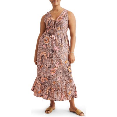 Madewell Bali Blooms Lace-Up Ruffle Hem Midi Dress, Pink
