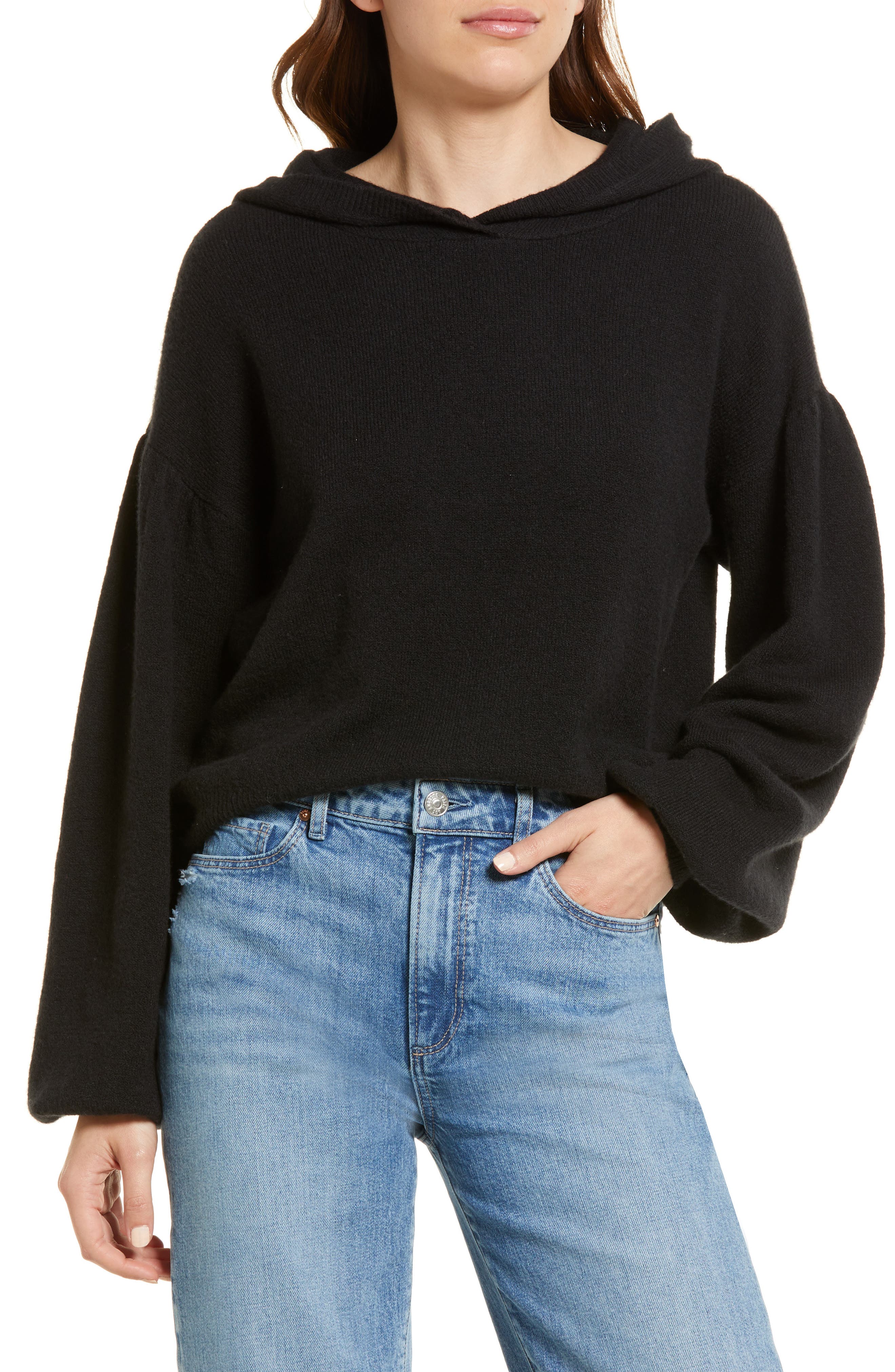 Treasure \u0026 Bond Puff Sleeve Hooded Cotton Blend Sweater in Black at Nordstrom, Size Small