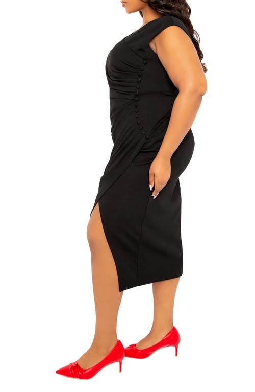 Shop Buxom Couture Asymmetric Button Detail Faux Wrap Midi Dress In Black